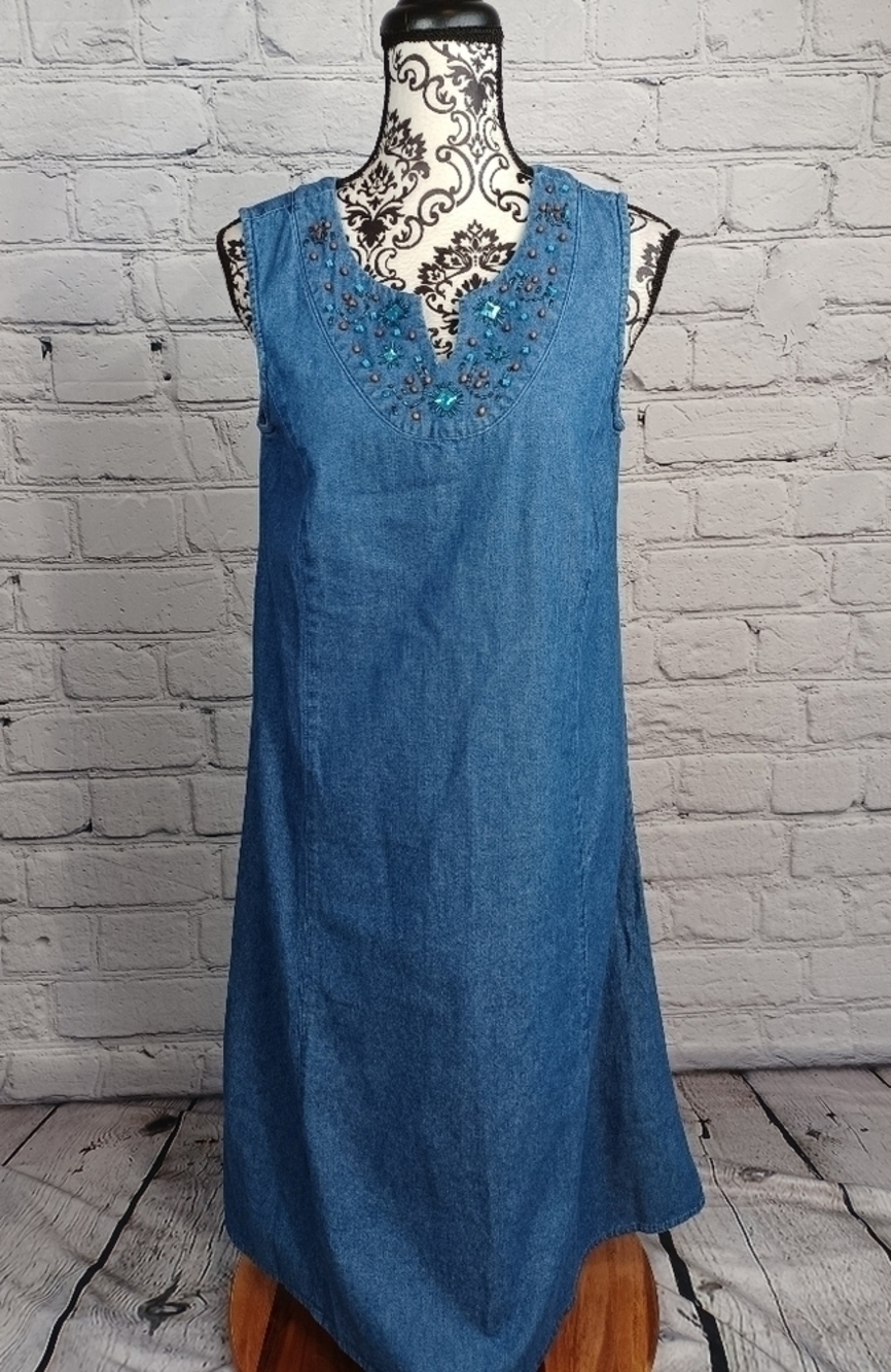Coldwater creek womens sleeveless blue jean beaded front dress size petite s b26